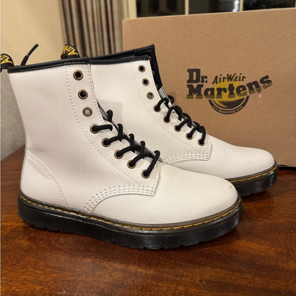 Dr. Martens White Lace-Up Boots with Black Trim - size 8